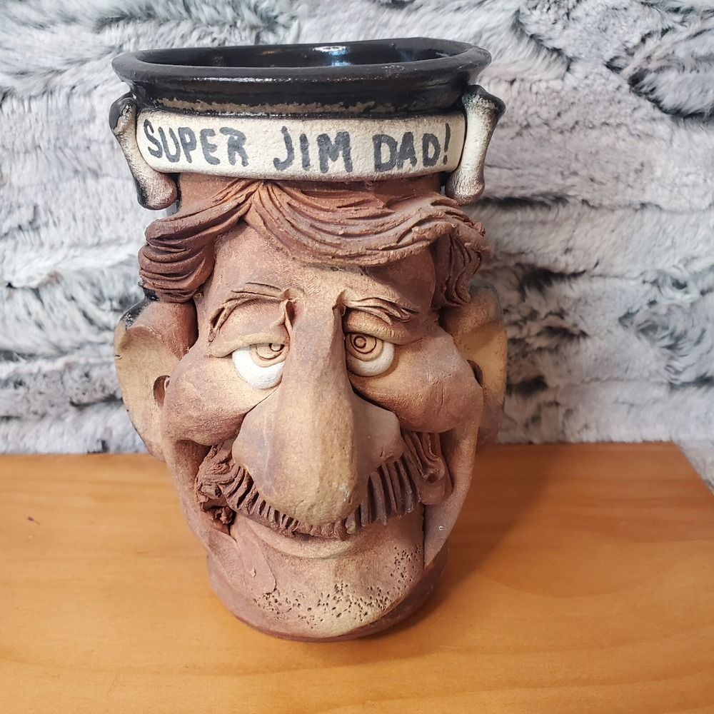 Sculpted Men's Ugly Face Mug Large Heavy Stoneware Coffee Cup "SUPER JIM DAD!"